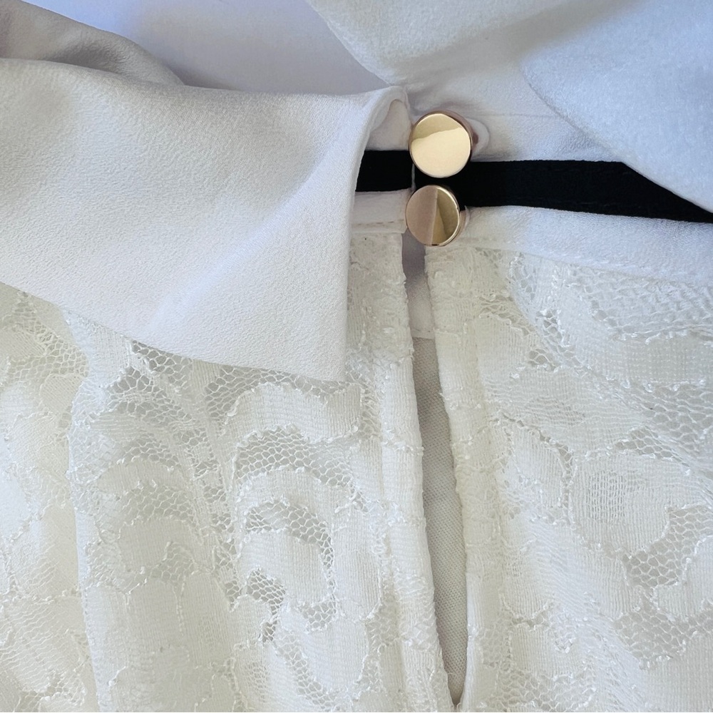 KARL LAGERFELD Peter Pan Collar Black Tie Short Sleeve Lace Top Blouse White M - Picture 14 of 17